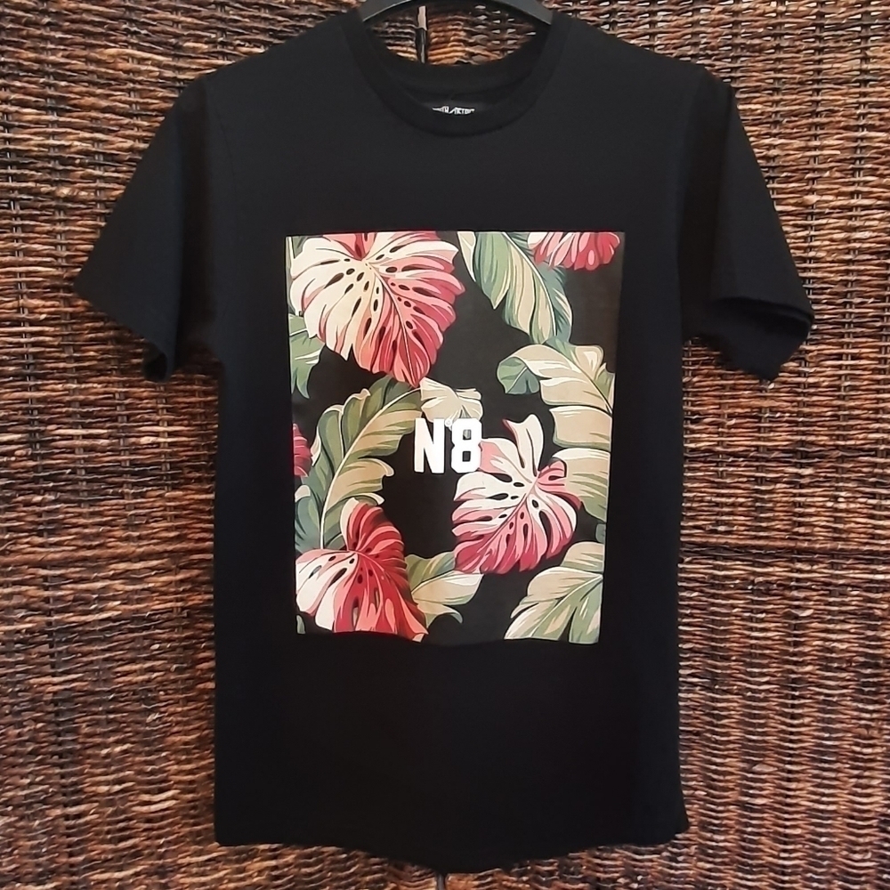 8IGHTH/DSTRKT Tee Shirt Large Black Tropical Hawaiian Floral Boho Beachy Vaca